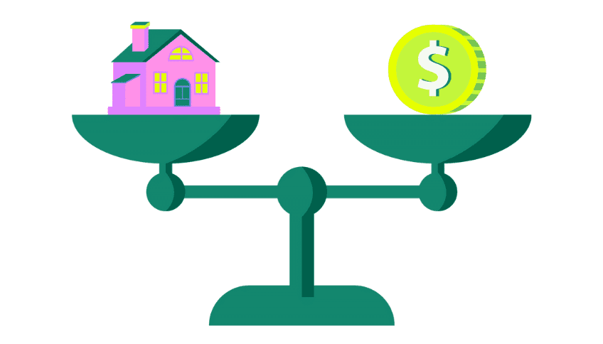 Balance scale with a pink house on one pan and a dollar coin on the other, perfectly balanced.