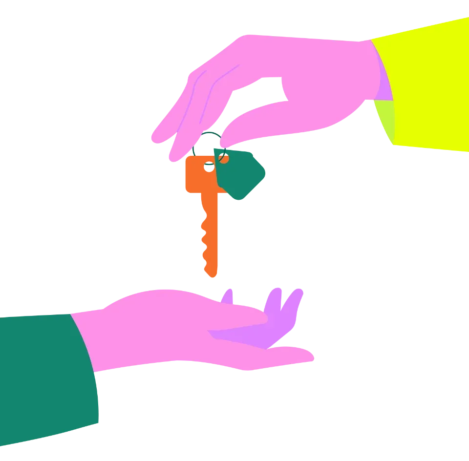Pixel art of one hand passing an orange key with a green keychain to another hand.