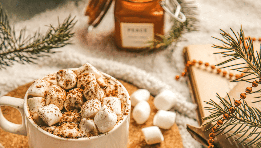 Hot chocolate with marshmallows, cocoa powder, pine branches, a candle, and a book on a cozy blanket.