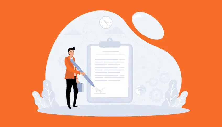 Cartoon man with a briefcase signs a document on a clipboard using a large pen, representing contract agreement.