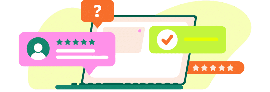 Digital illustration of a laptop screen displaying user feedback, star ratings, a question, and a successful checkmark.