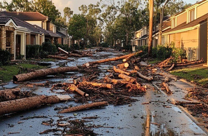 Residential street heavily damaged by storm, covered with fallen tree trunks and debris. Houses line both sides.