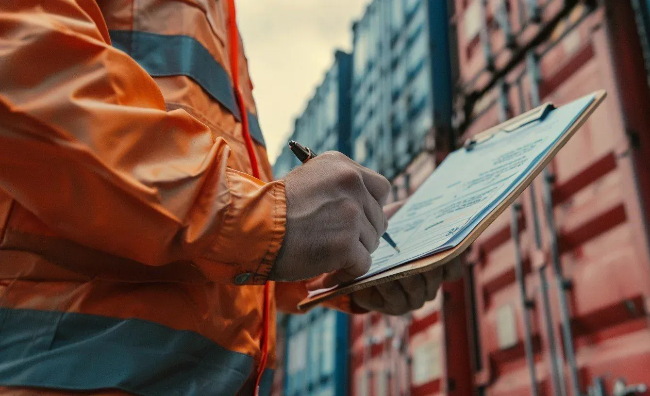 Person in an orange safety vest writing on a clipboard with shipping containers in the background.