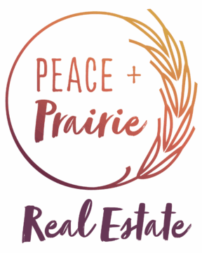Peace + Prairie Real Estate logo with wheat stalk and gradient circle.