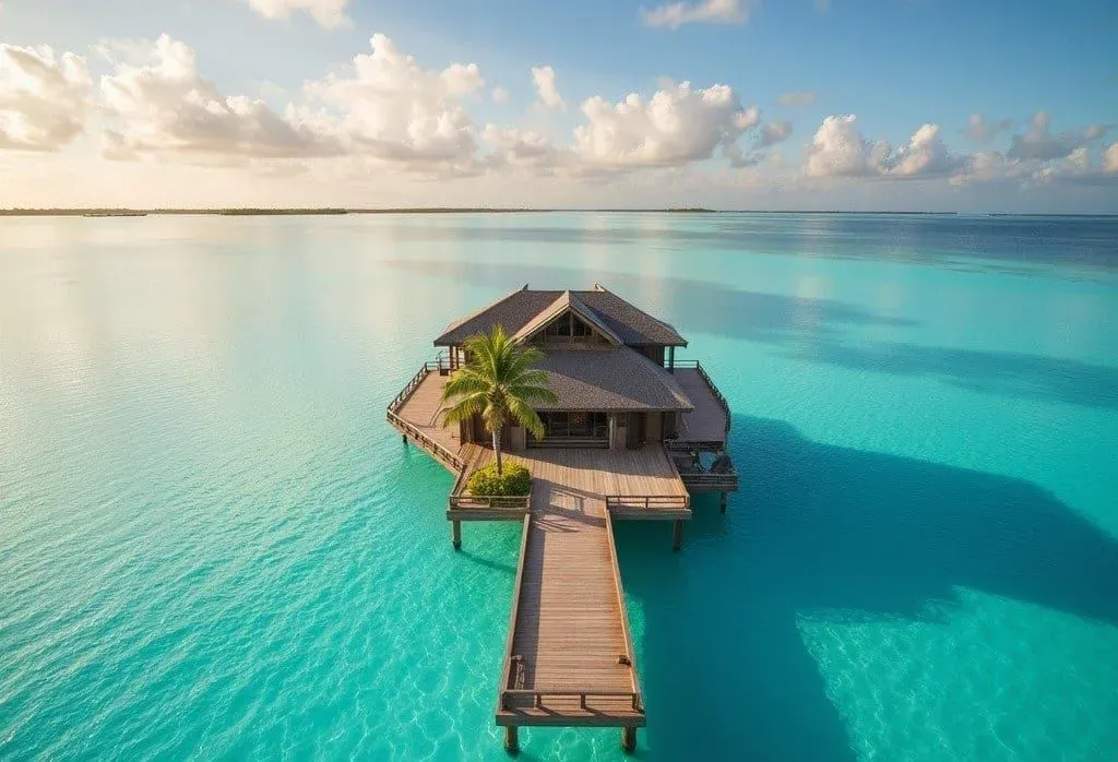 An overwater villa with a wooden pier and palm tree, set in a clear turquoise tropical ocean.