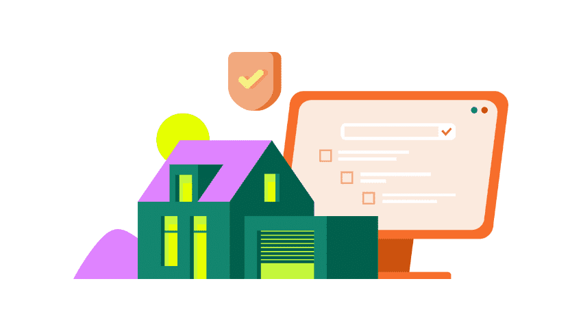 Online home management: a modern house, sun, security shield, and computer displaying a checklist.