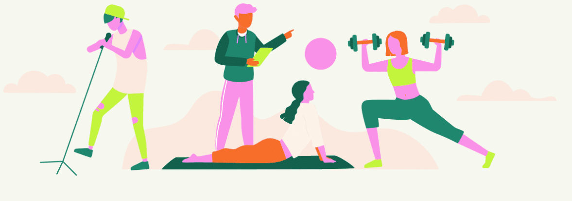 Illustration of a singer, a coach, a person doing yoga, and another lifting weights.