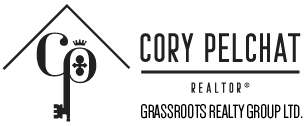 Cory Pelchat Realtor logo. A key forming "CP" with a crown inside a house outline, alongside "Grassroots Realty Group Ltd.