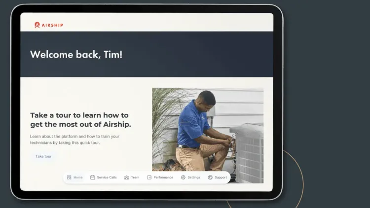 Tablet displaying Airship app with "Welcome back, Tim!" and a technician servicing an outdoor AC unit.