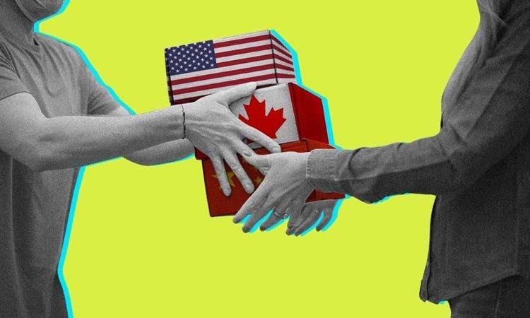 Grayscale hands exchanging stacked boxes with US, Canada, and China flags on a yellow background.