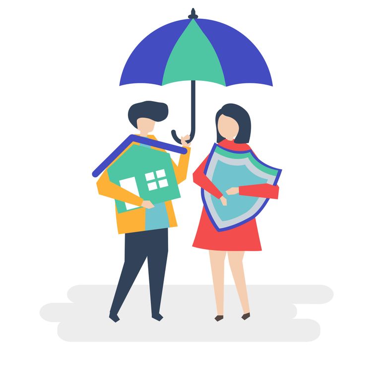 Couple under an umbrella, man holding a house, woman holding a shield, symbolizing home and family insurance.