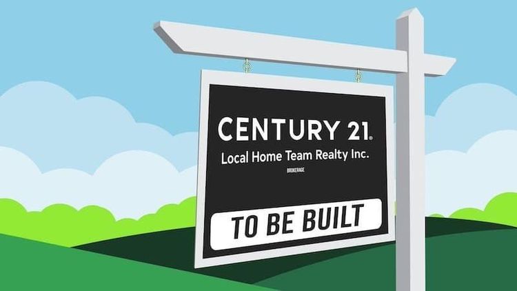Cartoon Century 21 "To Be Built" real estate sign on green hills under a blue sky.