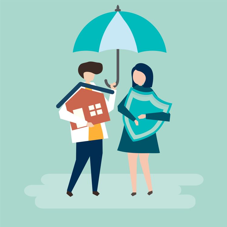 Man with house, woman with shield under an umbrella. Represents home, property, and personal protection.