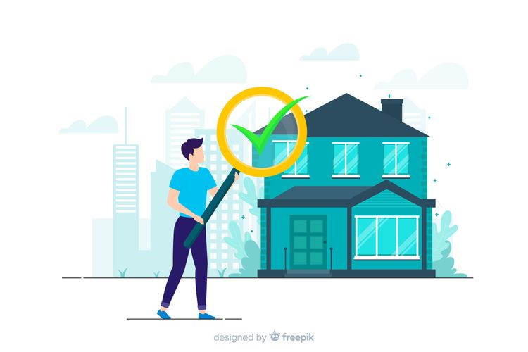 Man with magnifying glass inspecting a house, a green checkmark indicates approval.