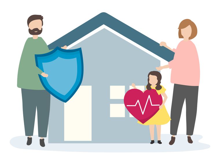 Illustration of a family protecting their home: dad with shield, mom & daughter with heart.
