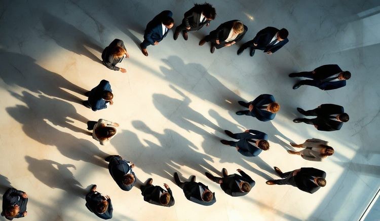 Overhead view of business people in suits forming a large circle, casting long shadows on a light floor.