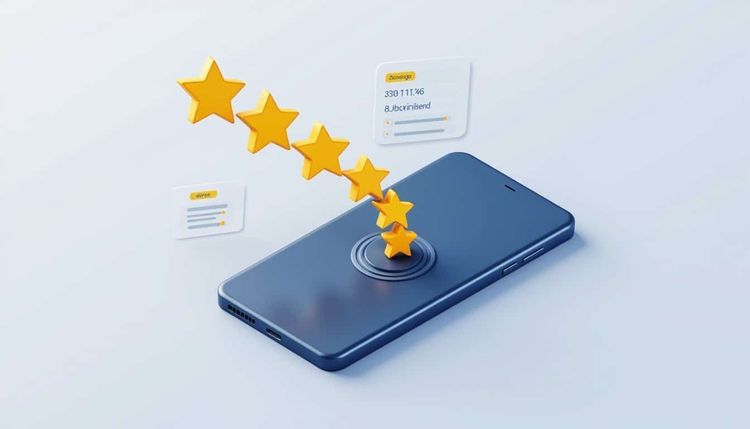 Blue smartphone with 5 yellow stars emerging, depicting a 5-star rating, alongside floating data cards.