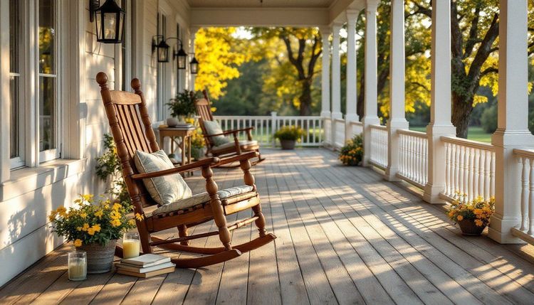 Sunny wooden porch with two rocking chairs, white pillars, and railing. Yellow-leafed trees in background, long shadows.