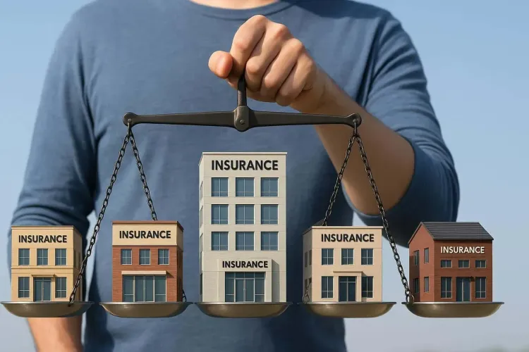 A hand holds a balance scale with five diverse buildings, all marked "INSURANCE," balanced on its pans.