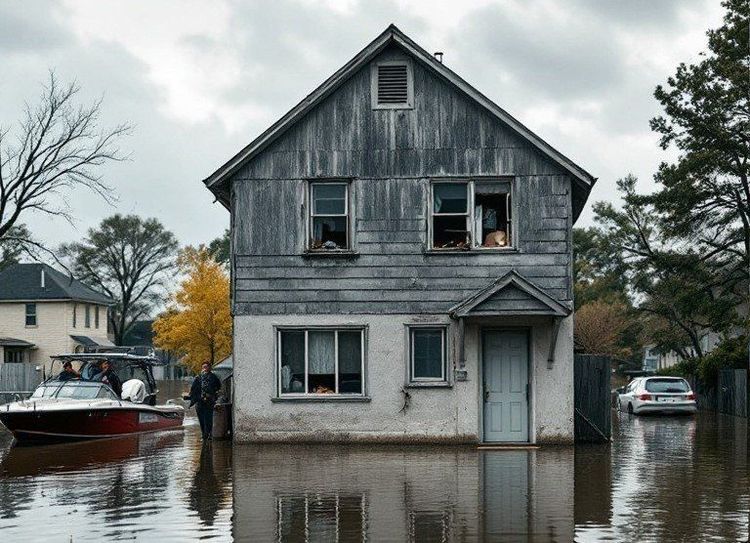 A grey, weathered house is surrounded by floodwaters. People look out upper windows as a boat and person pass by.