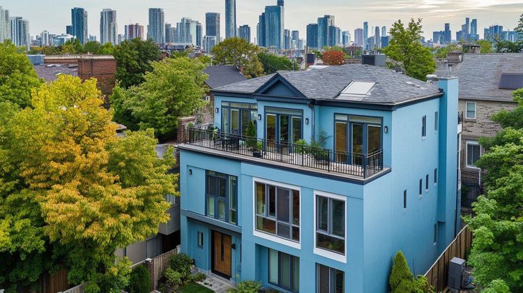Aerial view of a contemporary light blue house with a balcony, nestled among trees, with a city skyline.