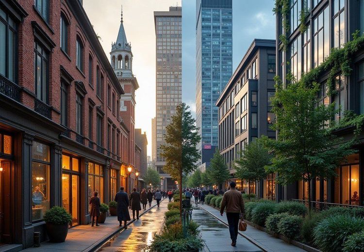 Pedestrians walk on a wet city street at dusk, reflecting warm lights from brick and modern buildings, with tall towers.