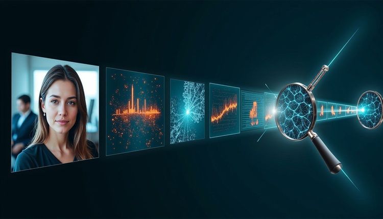 Woman observes screens displaying data charts and neural networks, analyzed by a digital magnifying glass.