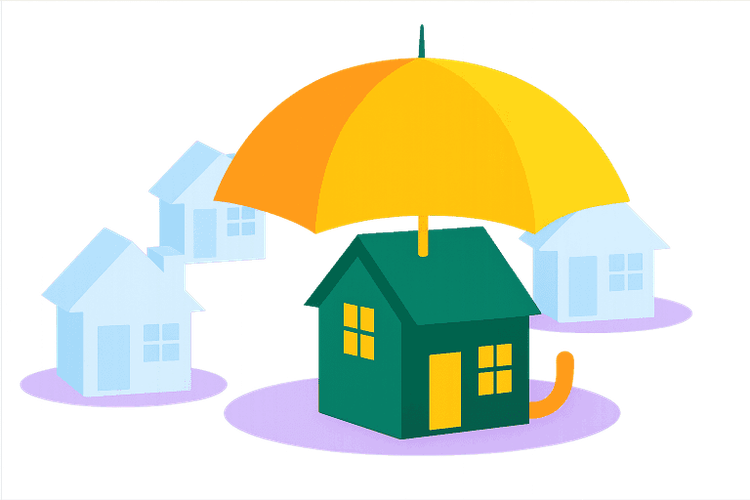 Yellow umbrella covering a green house, with other blue houses around, symbolizing home protection.
