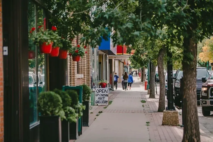 People walk down a tree-lined sidewalk past storefronts with red flower baskets and an "OPEN ART GALLERY" sign.