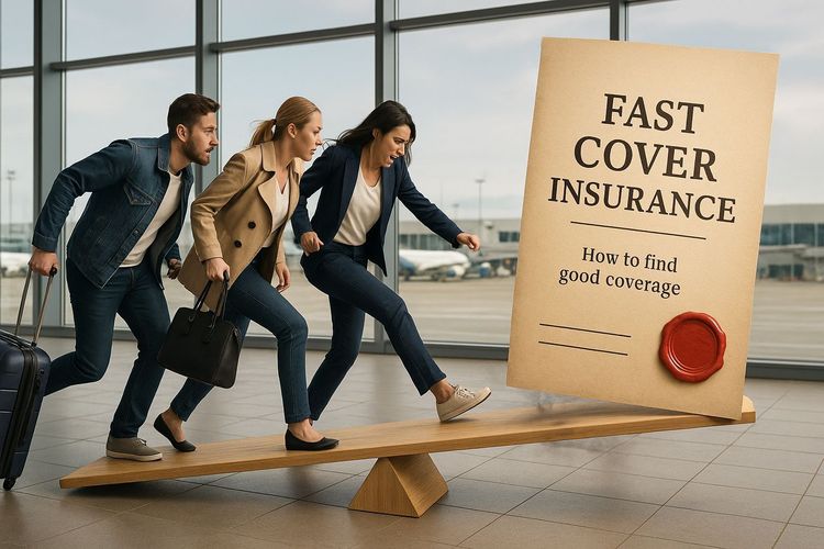 Three travelers rush on a seesaw, lifting a "Fast Cover Insurance" sign in an airport.