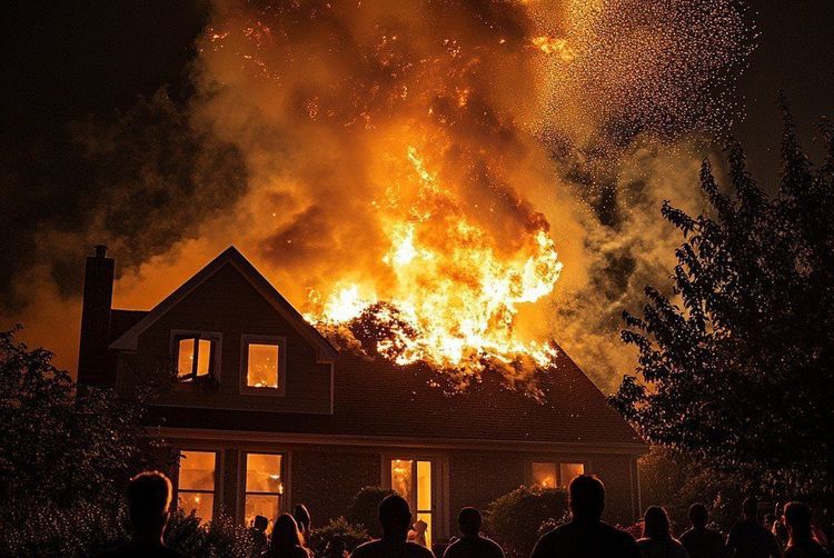 House fully ablaze at night, massive flames and embers erupting from the roof, as people stand watching.