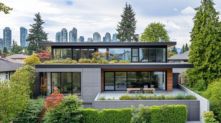 Modern concrete & wood house, green roof, large windows, patio, lush garden, city skyline in background.