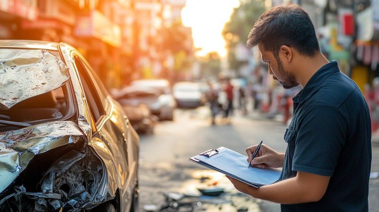 Insurance adjuster evaluating a severely damaged car at an accident scene on a sunny street.