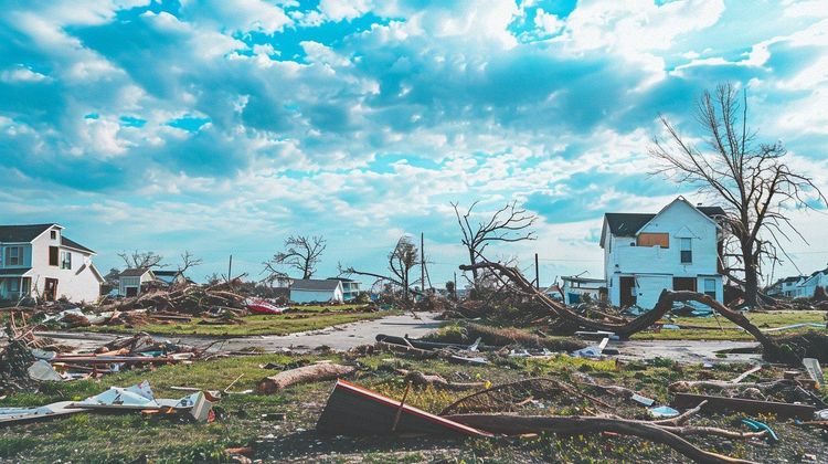 Devastated neighborhood street with damaged houses, broken trees, and debris under a bright blue, cloudy sky.