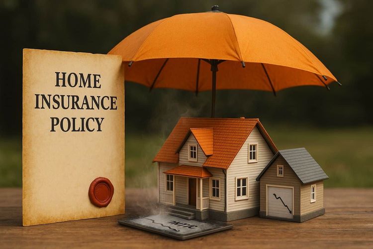 Home insurance policy, miniature house under an umbrella, showing mist and a garage with a downward arrow.