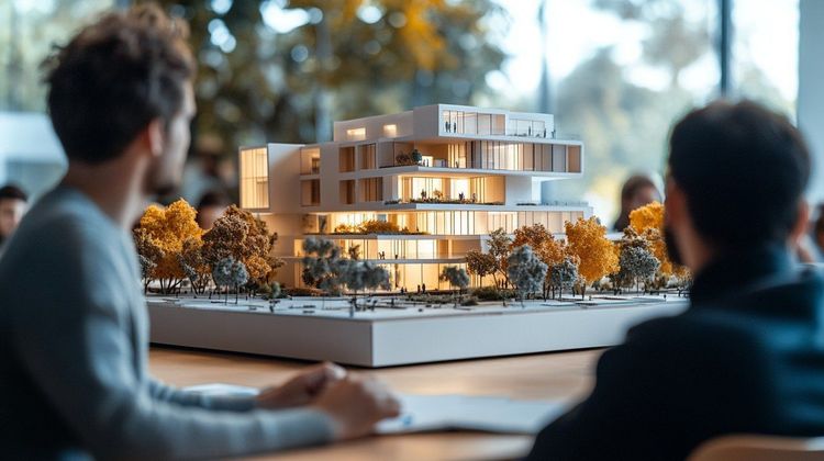Two people view an illuminated architectural model of a modern, multi-story white building with glass windows & miniature trees.