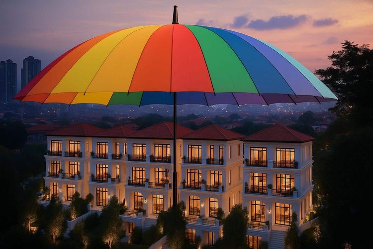 Giant rainbow umbrella covering a row of elegant white buildings with lit windows at dusk, cityscape in background.
