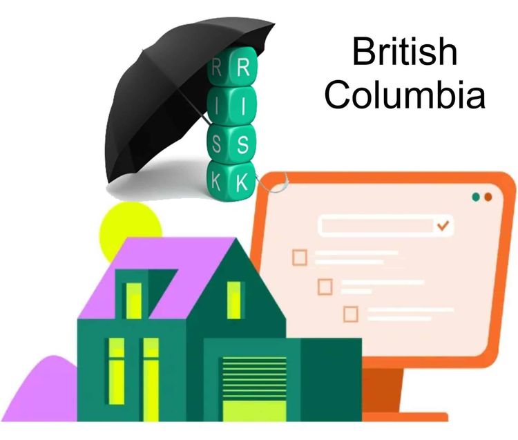 Umbrella shielding "RISK" dice, symbolizing home and online risk protection in British Columbia.