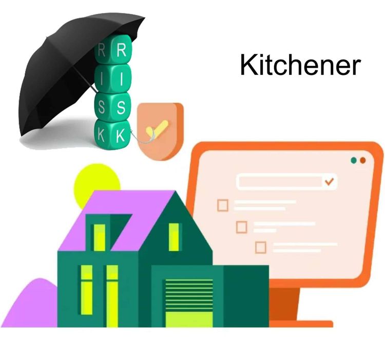 Kitchener risk management: Umbrella protects RISK blocks, shield, home, and computer checklist.