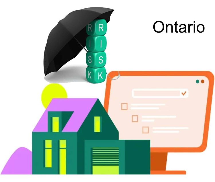 Ontario risk assessment: Umbrella covers "RISK" blocks, house icon, and computer screen with a checklist.
