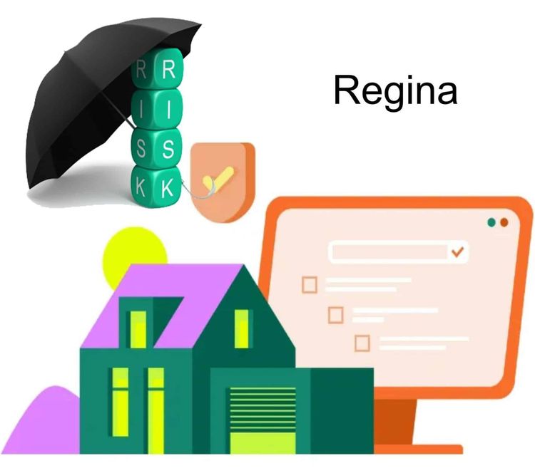 Umbrella over RISK blocks, a shield, a house, a computer monitor with a form, and the word 'Regina'.