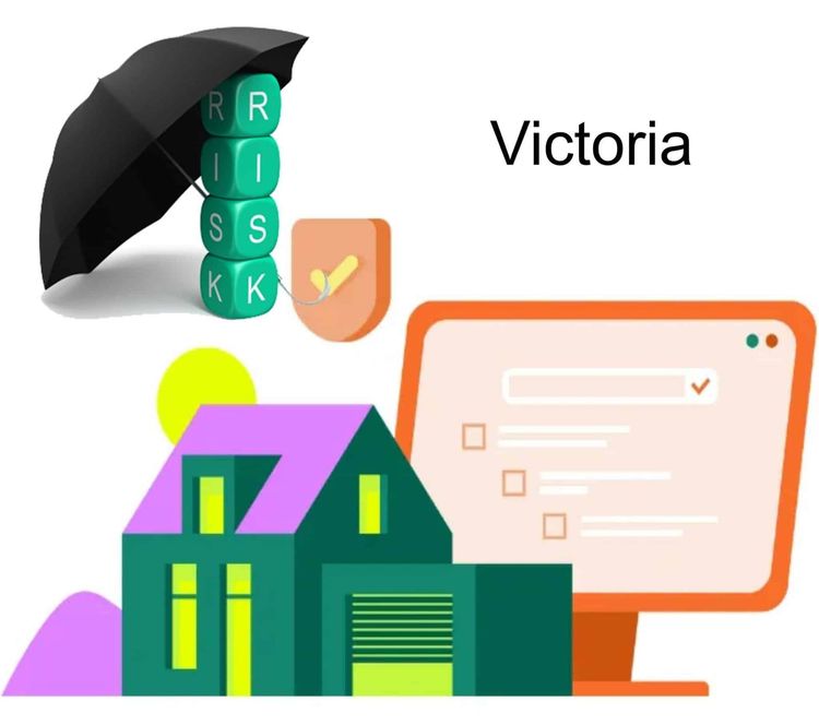 Victoria text with icons: umbrella over RISK blocks, shield, house, and computer monitor with an online form.