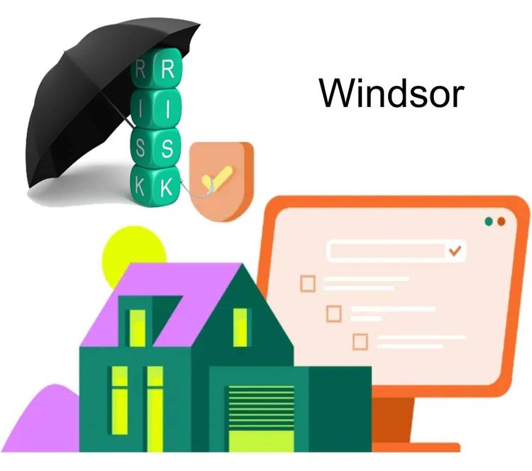 Windsor. Umbrella over RISK blocks, a shield icon, a house, and a computer screen with a checklist.