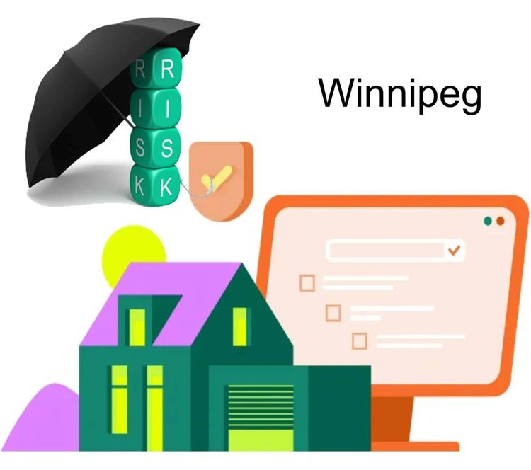 Winnipeg risk management for home: umbrella over 'RISK' blocks, shield, house, and computer form with checkboxes.