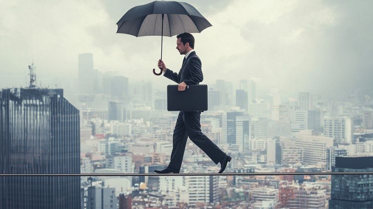 Businessman in a suit holding an umbrella and briefcase walks a tightrope high above a city skyline on an overcast day.