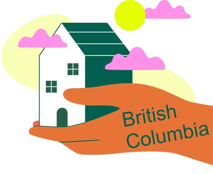 Stylized illustration of an orange hand holding a white house with a green roof, yellow sun, pink clouds, and "British Columbia" text.