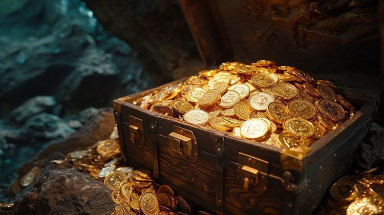 An open wooden treasure chest overflowing with gleaming gold coins on dark rocks.