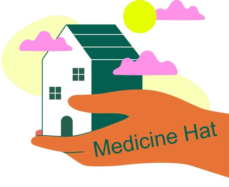 Stylized illustration: Orange hand holding a white house with a green roof. "Medicine Hat" on hand. Sun and pink clouds.