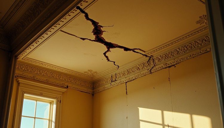 Massive, dark, jagged cracks mar an ornate ceiling and walls of an old room, with a window letting in sunlight.
