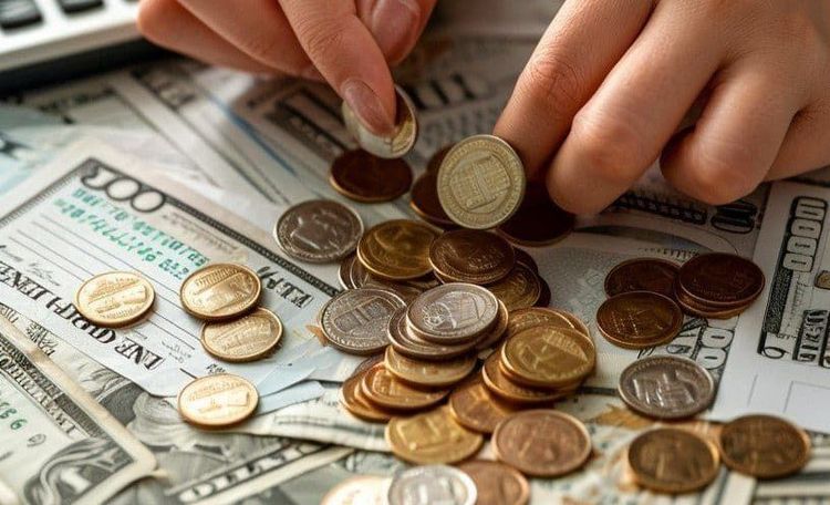 Hands sorting gold and silver coins over scattered banknotes, with a calculator visible.